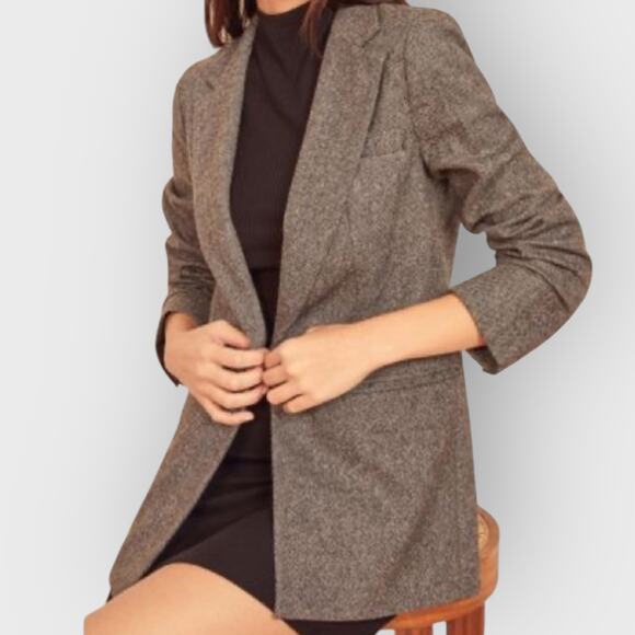 Reformation Camley Wool Blend Blazer Coat M Gray Herringbone Academia Chic - Picture 2 of 11